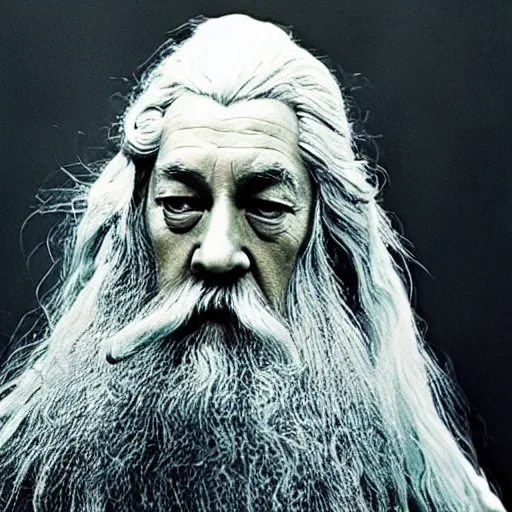 Image similar to a still from “ lord of the rings ” of a head and shoulders portrait of master tang as gandalf, photo by phil noto