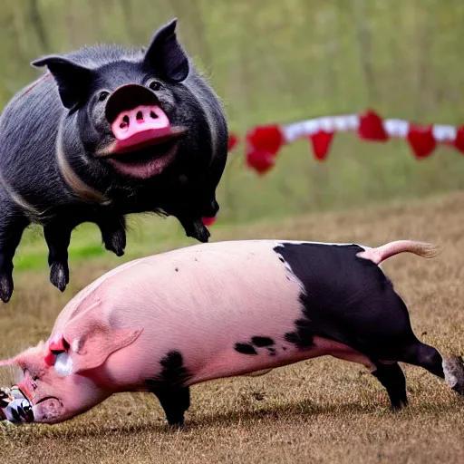 Image similar to attack of the vampire pig, pig with oversized canine teeth, photo of a red eyed pig jumping bare - toothed at the viewer