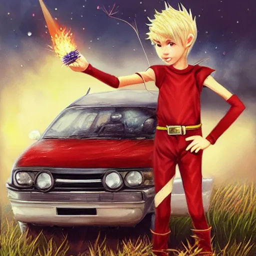 Image similar to a skinny teen boy as a fantasy elf with spiky blonde hair wearing dark brown overalls and holding a firecracker standing next to a destroyed car, painting by artgerm