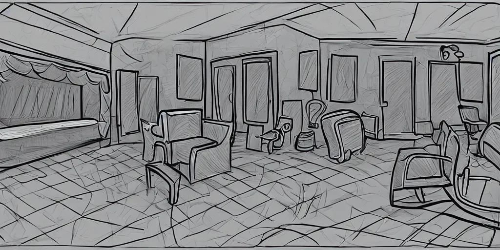 Image similar to a dimly lit, theater dressing room, with a mirror, a chair, a couch, day of the tentacle style, drawn by Peter Chan, 5 point perspective