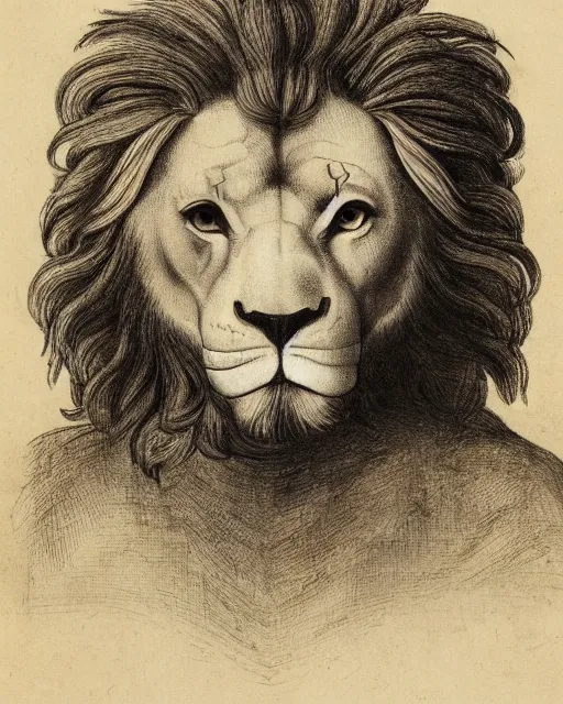 Prompt: a creature, eyes of a man, beak of an eagle, no nose, the mane of a lion, two horns, drawn by da vinci