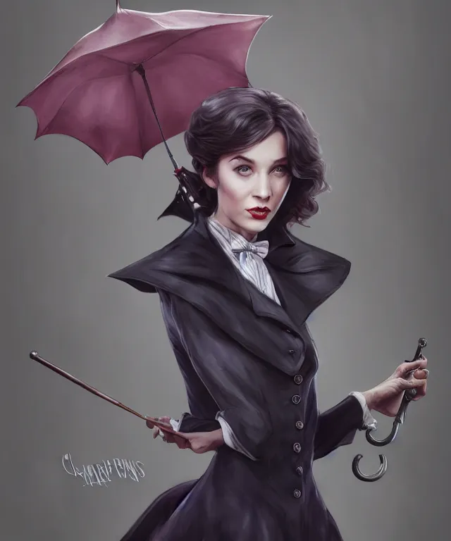 Prompt: demonic evil mary poppins with her umbrella by charlie bowater and artgerm, full body portrait, intricate, face, cavern, elegant, beautiful, highly detailed, dramatic lighting, sharp focus, trending on artstation, artstationhd, artstationhq, unreal engine, 4 k, 8 k