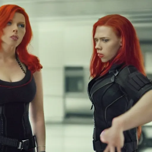 Image similar to movie still of Scarlett Johansson as Black Widow handling over her things to Avril Lavigne to be the new Black Widow