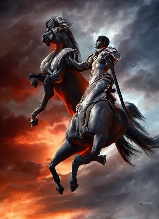 Image similar to the singular horseman of the apocalypse is riding a strong big black stallion, horse is up on its hind legs, the strong male rider is carrying the scales of justice, beautiful artwork by artgerm and rutkowski, breathtaking, beautifully lit, dramatic, full view