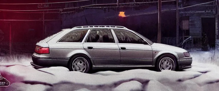 Image similar to Audi A4 B6 Avant (2002), a gritty neo-noir, dramatic lighting, cinematic, eerie person, death, homicide, homicide in the snow, viscera splattered, gunshots, bullet holes, establishing shot, extremely high detail, photorealistic, arson, cinematic lighting, artstation, by simon stalenhag, Max Payne (PC) (2001) winter New York at night, In the style of Max Payne 1 graphic novel, flashing lights, Poets of the Fall - Late Goodbye