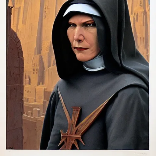 Image similar to a nun wearing a medieval armor. intricate detail armor. nun clothes. art by ralph mcquarrie, ralph mcquarrie artwork. portrait.