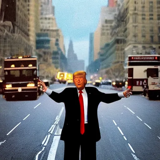 Image similar to “Very photorealistic photo of Donald Trump standing in the middle of Fifth Avenue and shooting somebody, atmospheric lighting, award-winning”