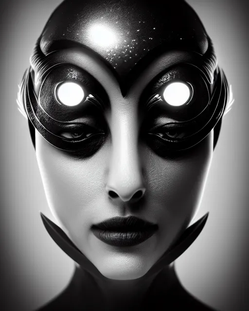 Prompt: surreal mythical dreamy dark artistic black and white fine art photo of a female - orchid - bird - cyborg bust, rim light, cinematic, studio dramatic light, poetic, octane render, 8 k, photo - realistic
