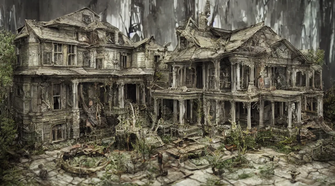 Image similar to incredible Lori nix diorama of a singular haunted house designed by hr giger, on display, spooky museum lighting, 3d high poly render with octane an cryengine, 8k post-processed Fuji film LUT