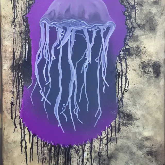 Image similar to violet jellyfish, black fish, stingray, grey coral, depression, neo - expressionism, surrealism, acrylic and spray paint and oilstick on canvas