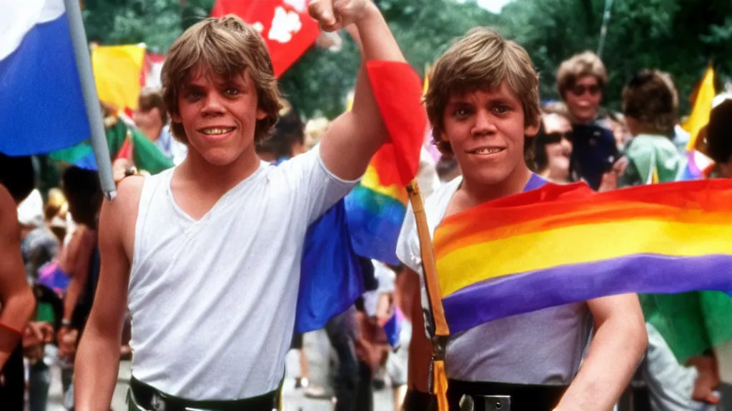 Image similar to rotj luke skywalker goes to pride, getty images, victorious, flags, parade, gay rights, bright smiles, daylight, twenty three year old luke skywalker at gay pride, 3 5 mm photography, very happy, played by young mark hamill, smiling