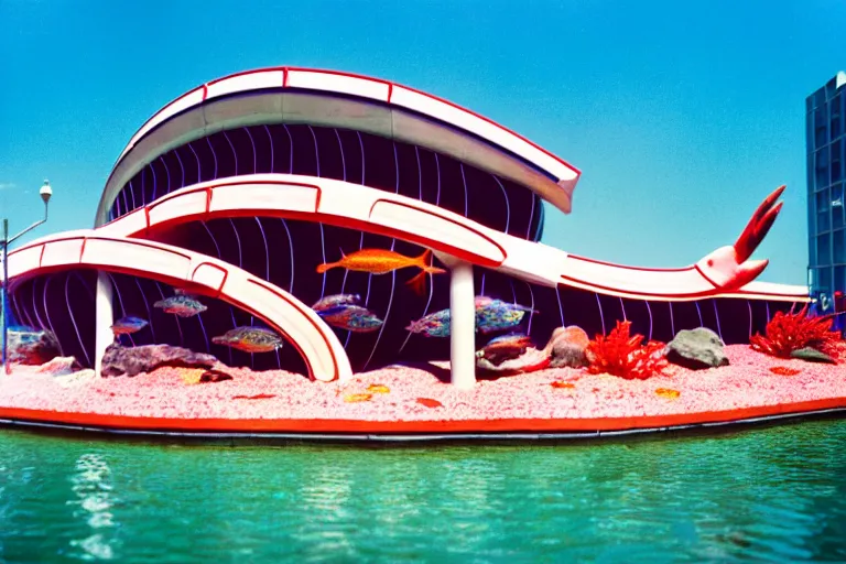 Image similar to 1 9 8 5 crab themed giant aquarium, googie architecture, one point perspective, americana, fishcore, exterior photography, hd 8 k, photography cinestill