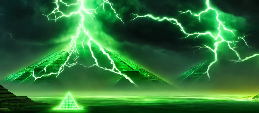 Prompt: the ethereal god of technology bestows the gift of green circuits to humanity. ocean storm burtalist immaculate matte painting. fantastic. velvet and emerald. high key studio lighting. fractal dreams. ancient egypt, trending on artstation, cgsociety, ps 5, uhd 8 k cryengine