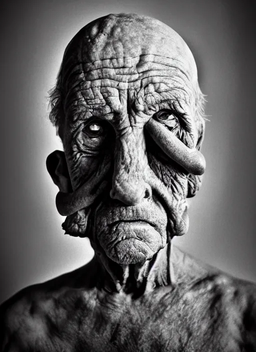 Prompt: A portrait photo of a very old cyclope man , high contrast, black and white