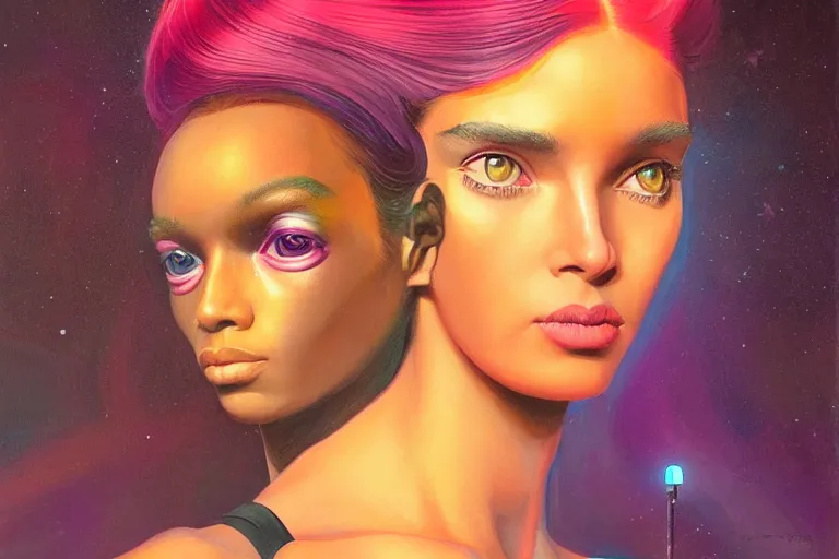 Image similar to patron saint of 🛸🌈👩🏾, futuristic clothing, neon god of city character portrait, in the style of margaret keane, moebius, tom bagshaw, and waterhouse, cinematic lighting, beautiful, elegant, oil painting,