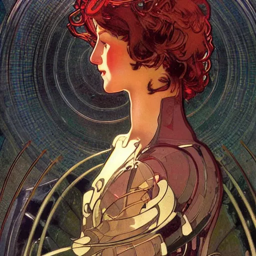 Prompt: handsome beautiful but male humanoid male robot part metal wires with wavy short dark hair, elegant, red lighting, realistic, concept art, smooth, detailed, alphonse mucha and waterhouse,