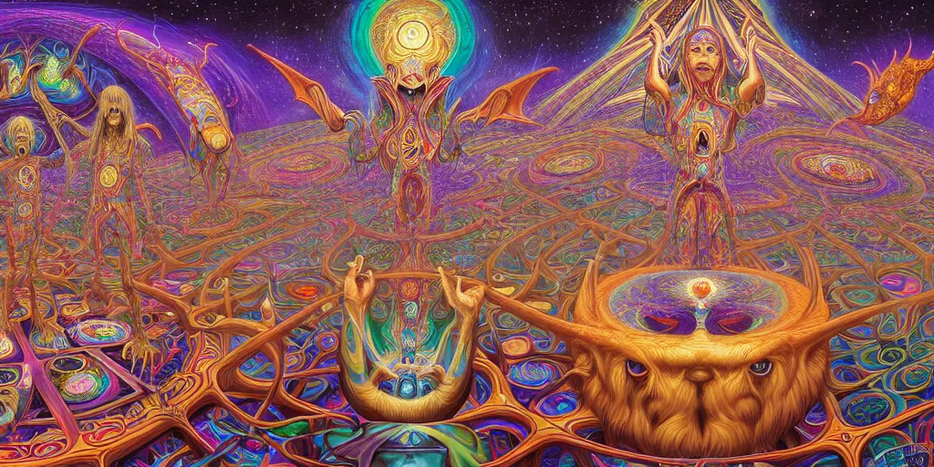 Image similar to hyper detailed portrait of a dmt time elf interacting with a psychedelic traveler, dmt portrait of benevolent time elves sharing their soul frequency, cathedral background, masterpiece composition, 8 k resolution, ultra fine illustration, alex grey, todd schorr, casey weldon, tokio aoyama, highly detailed,