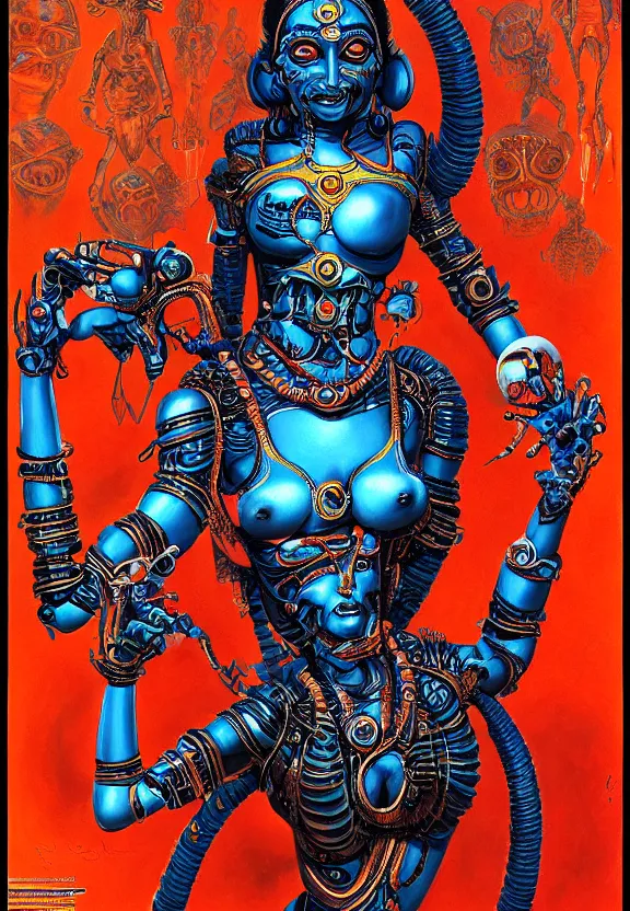 Image similar to biomechanical alien robot goddess kali, female, intense stare, sarcastic smile, symmetrical, concept art, intricate detail, volumetric shadows and lighting, realistic oil painting, 1 9 7 0 psychedelic soviet poster,