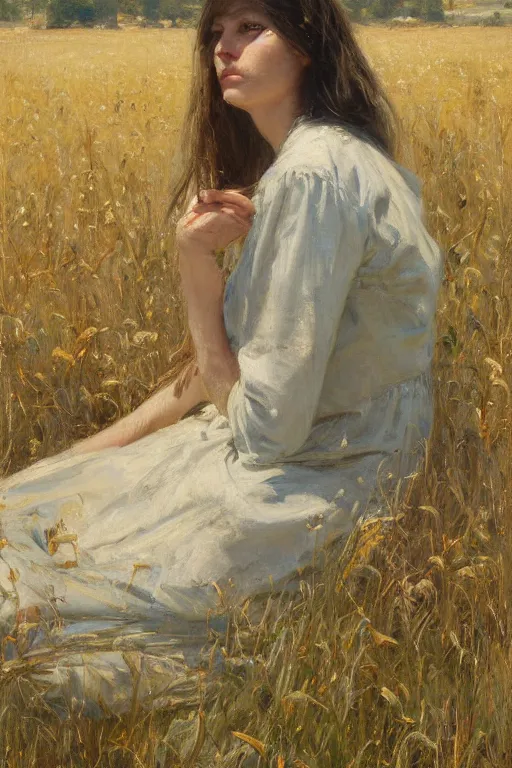 Prompt: Solomon Joseph Solomon and Richard Schmid and Jeremy Lipking painting full length portrait painting of a young woman in the hayfield