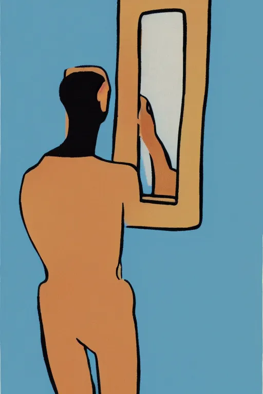 Image similar to man looking at his reflection in the mirror, 1960’s minimalist advertising illustration, painterly, expressive brush strokes