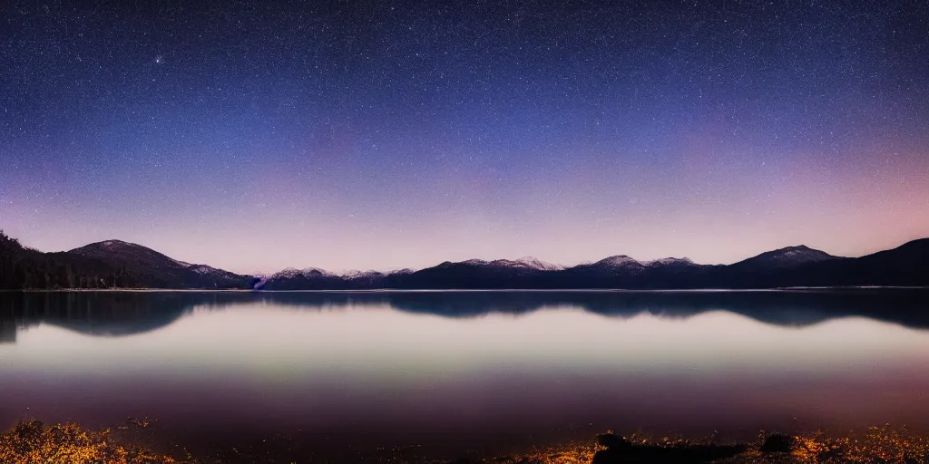 Image similar to photo of a lake at night with bright stars with mountains in the background, landscape, beautiful, elegant, award winning photograph, highly detailed, high resolution photo, cinematic lighting, trending on artstation, 8 k