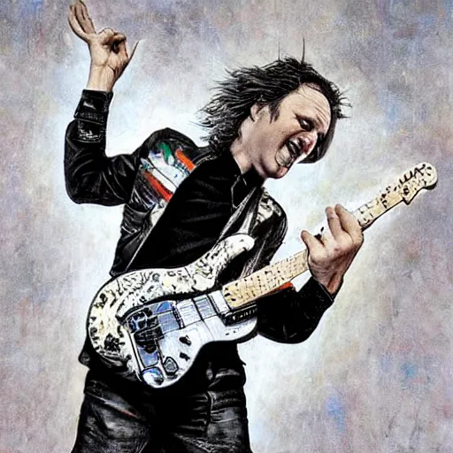 Image similar to Rik Mayall Shredding on an electric guitar, artwork by Jason Edmiston