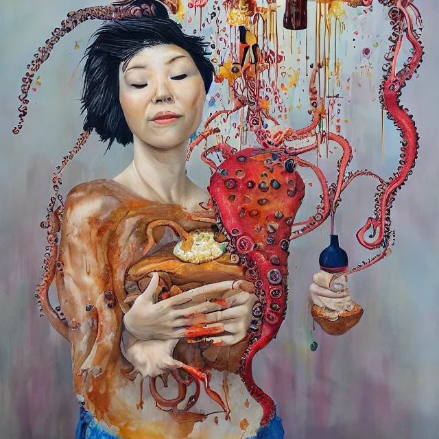 Image similar to a portrait in an elevator, a woman holding pancakes, honey dripping, berries dripping, scientific instruments, ikebana, octopus, neo - expressionism, surrealism, acrylic and spray paint and oilstick on canvas