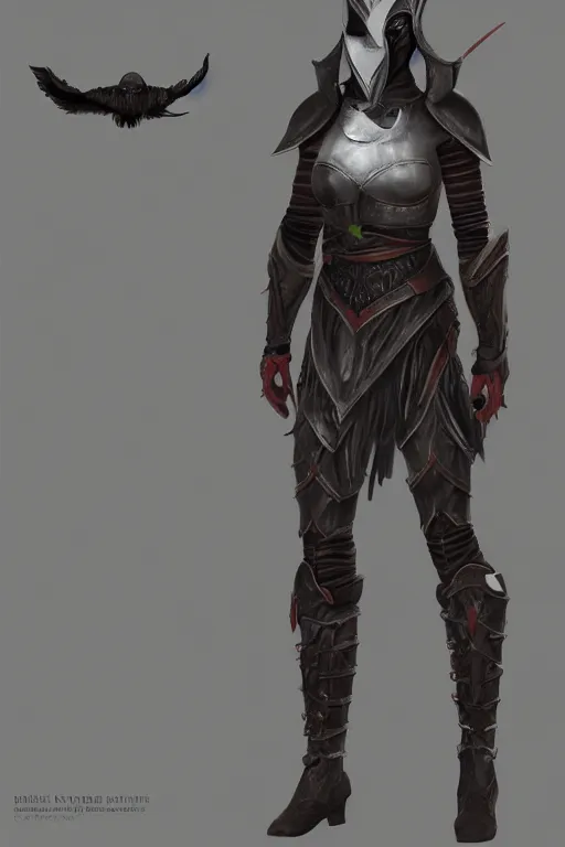 Image similar to female adventurer in tight full - body leather armor of dunmer design with white porcelain crow mask, trending in artstation, establishing shot
