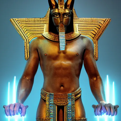 Image similar to egypt god, anubis, head, light circles, degital art, artstation, highly detailed, perfect lightning