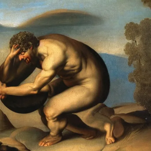 Prompt: sisyphus is sad, oil painting from 1 6 5 0
