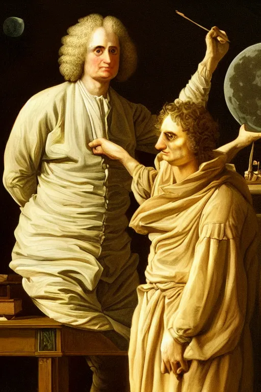 Image similar to Isaac Newton, the apple and the moon, oil on canvas, intricate, 8k highly professionally detailed, HDR, CGsociety