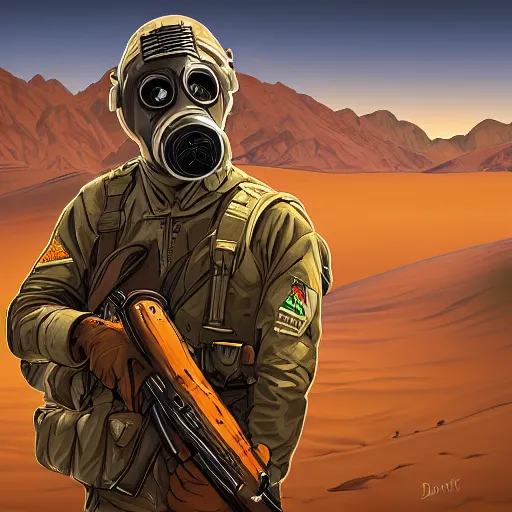 Prompt: portrait artwork of soldier wearing a gas mask holding ak-47. Desert background. Artwork by Dan Mumford, realistic cinematic lighting, ultra detailed, hyper realism