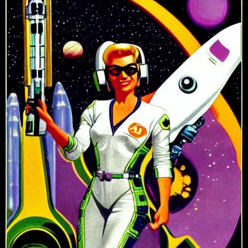 Image similar to retro sci - fi art of a beautiful woman in a retro - future spacesuit floating through space. she is holding a lazer blaster in hand.