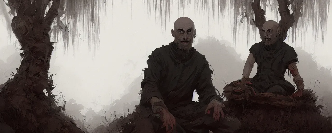 Image similar to duotone noir illustration close up of bald merchant demon sitting below willow tree in medieval brown tunic. foggy evening. dark dream atmosphere with volumetric hellish lighting, by sachin teng and sergey kolesov and ruan jia and heng z. graffiti art, scifi, fantasy, hyper detailed. octane render. concept art. trending on artstation