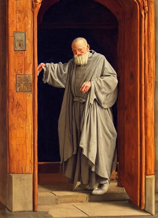 Image similar to a realistic old man in robes holding a book standing in front of an elaborate ancient wooden door, beautiful colourful fantasy rendering, Agnolo Bronzino, Simon Stälenhag, N.C. Wyeth