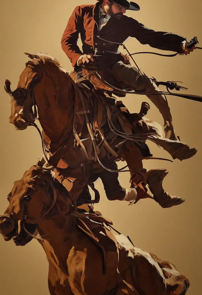 Prompt: acrylic on paper painting of an epic portrait of a cowboy firing his revolver while yelling, full body with dynamic pose and correct anatomy, during archetypical Old West period, 19th century, male, detailed face, cinematic lighting, by concept art trending on ArtStation, masterpiece, fantastic, octane render, 8K HD Resolution, High quality image