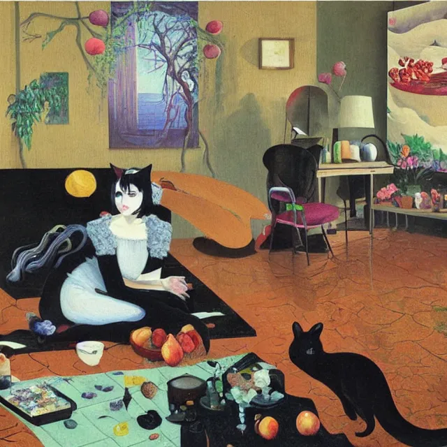 Prompt: emo catgirl art student in her lounge room, painting of flood waters inside an artist's loungeroom, a river flooding indoors, pomegranates, pigs, ikebana, water, octopus, river, rapids, waterfall, black swans, canoe, berries, acrylic on canvas, surrealist, by magritte and monet