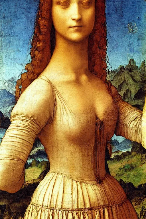 Prompt: a portrait of a beautiful woman in a summer dress by Leonardo Da Vinci