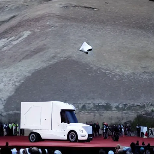 Prompt: Elon Musk throwing a giant boulder into his cybertruck in an expo