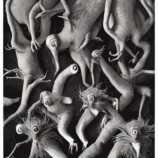 Image similar to by roa abstract illusionism. a beautiful photograph of a group of creatures that looks like a mix of different animals. most of the creatures have human - like features, such as arms & legs, & some are standing upright while others are crawling or flying.