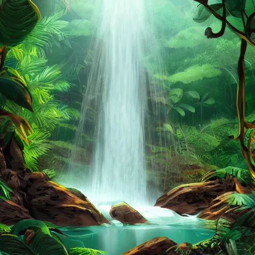 Image similar to Waterfall in the middle of the jungle, 8k, detailed, concept art, trending on artstation