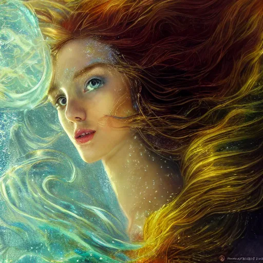 Prompt: Portrait of a mermaid in a luminescent sunken ship, face, orange flowing hair, fantasy, intricate, elegant, beautiful, magical, enchanted, yellow mist, bubbles, highly detailed, digital painting, artstation, concept art, smooth, sharp focus, illustration, art by Heady Tale and Artem Demura and Norman Rockwell, 4k, 8k