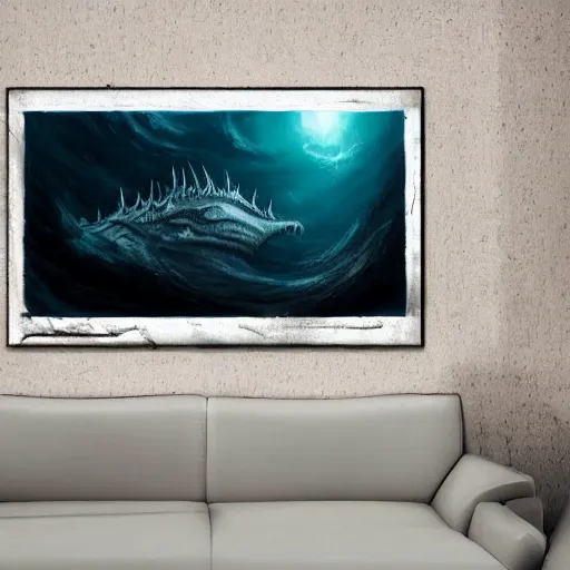 Prompt: sea monster shape like a ship in the deep dark sea, thalassophobia, realistic