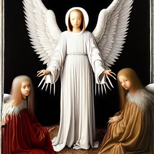 Image similar to highdetailed hyperrealistic painting of white angel!!! no gender smiling noface!!!, light instead of hands, white sparkles everywhere, 4 k hd face!!!, big silver high detailed wings!!!, renaissance, by jan van eyck, holography space, glow effect, large strokes, monochrome!!!!!