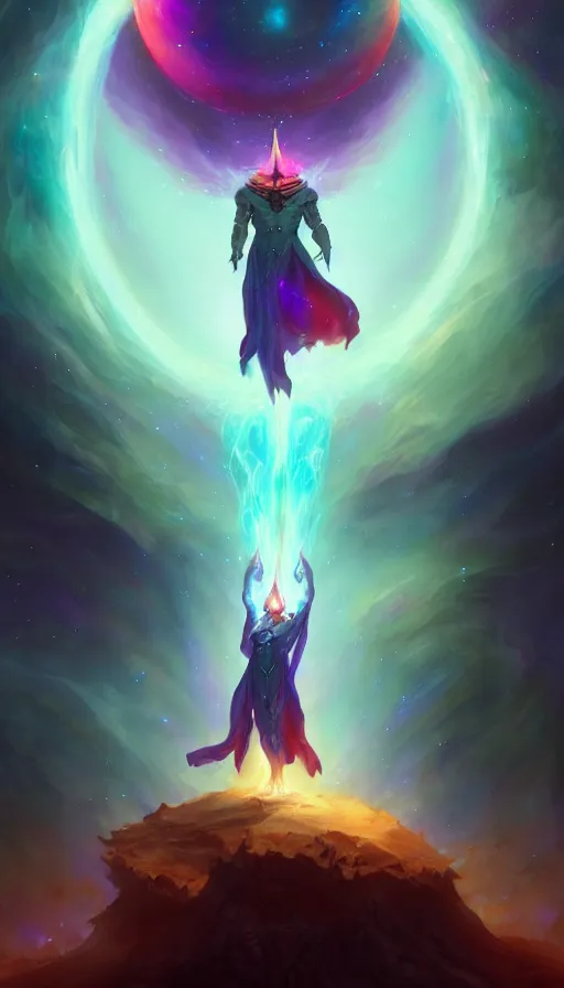 Prompt: cosmic wizard with a cape, epic scene, colors, holy, full body, galaxy, and, stars, atmosphere, unreal engine, pixar, video game, ethereal, insanely detailed, symmetrical, concept art, peter mohrbacher, charlie bowater, artstation, cinematic, video game, digital painting, artist maena, 4 k