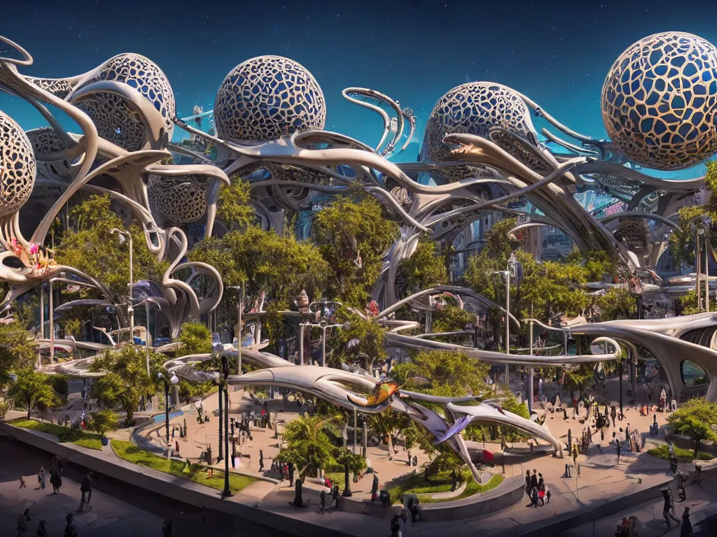 Image similar to a busy elaborate ornate outdoor science museum, cinematic, shadows, 4 k, detailed, by zaha hadid and lisa frank and peter jackson and ridley scott and beeple and greg rutowski