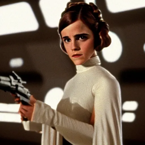 Prompt: movie still of emma watson as princess leia star wars ( 1 9 7 7 )