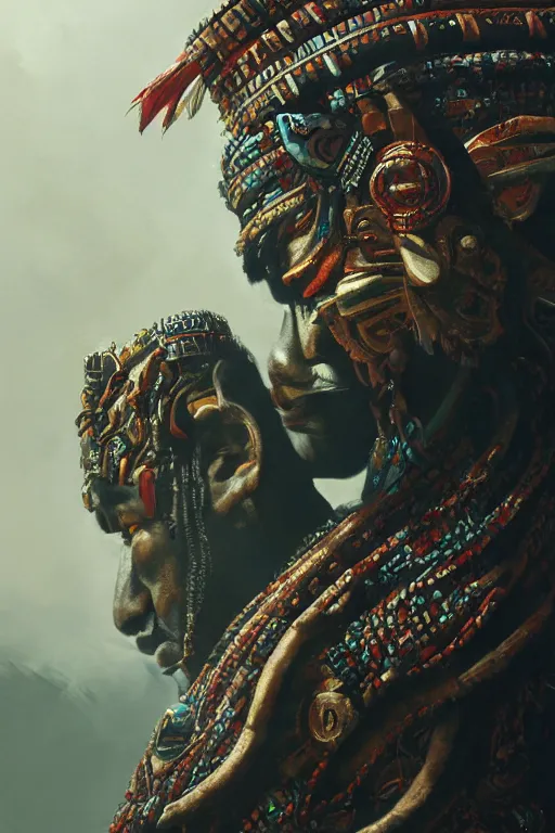 Image similar to aztec god, close - up portrait, powerfull, intricate, elegant, volumetric lighting, scenery, digital painting, highly detailed, artstation, sharp focus, illustration, concept art, ruan jia, steve mccurry