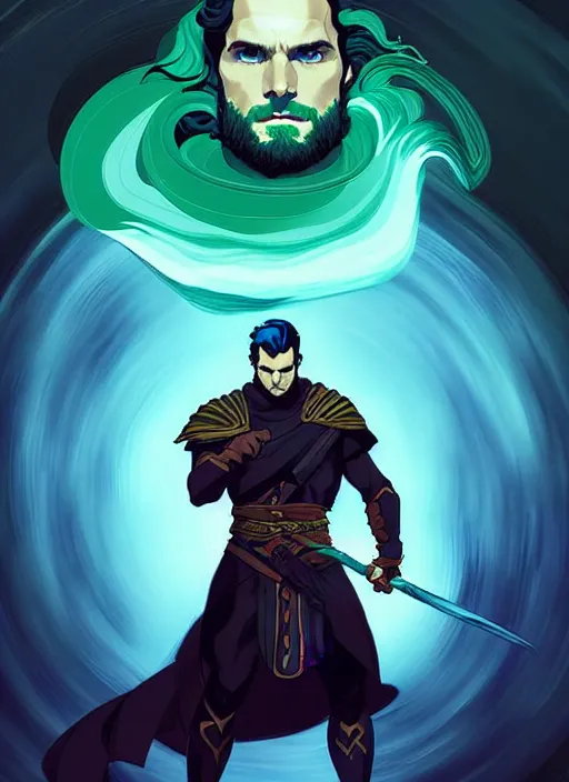 Prompt: style artgerm, joshua middleton, henry cavill as a warrior monk wearing green pelt light armor, blue hair, swirling water cosmos, fantasy, dnd, cinematic lighting