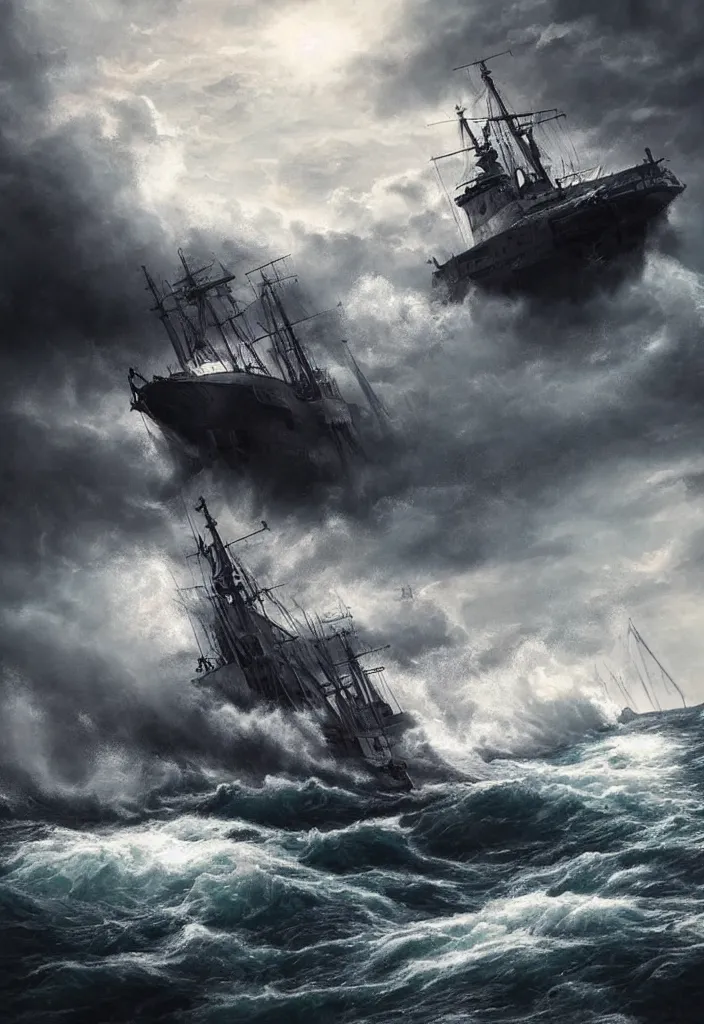 Image similar to ship being persecuted by a police ship over raging turbulent waters, hyper realistic, highly detailed, digital art, apocalyptic, intimidating lighting, raytracing, sharp focus, smooth, romanticism